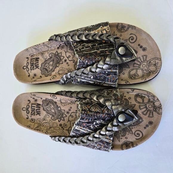 New Muks Luks Womens Thong Sandal Size 10 Cow Suede Braided Sequin Boho Artsy - Picture 2 of 11
